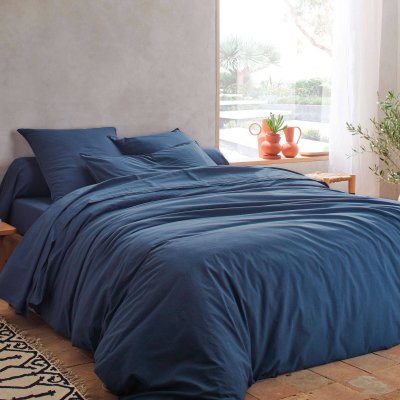 BLANC DES VOSGES Drap housse percale lav&eacute;e Boh&egrave;me  200 x 200 cm Indigo
