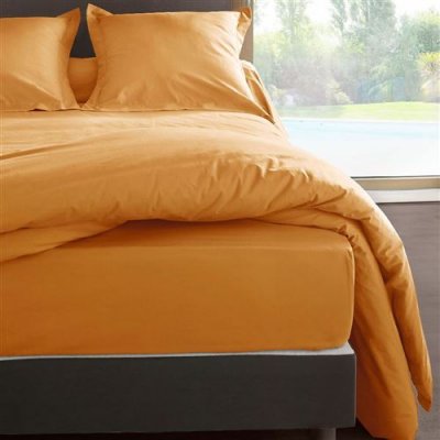 VENT DU SUD Drap housse percale M&eacute;line 2 LABELISSIM - Jaune miel - 180 x 200 cm
