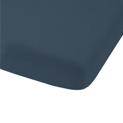 MATT & ROSE Drap-housse uni en lin lav&eacute; Bleu Marine 140x190/200cm - Bonnet 30cm