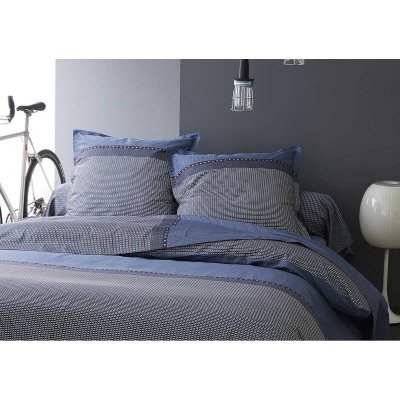 TRADILINGE Drap Plat en Satin de Coton - Bleu/Gris - 280 x 325 cm