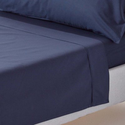 HOMESCAPES Drap plat uni 100 % coton &eacute;gyptien 200 fils bleu marine 240 x 300 cm