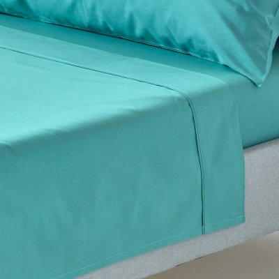 HOMESCAPES Drap plat uni 100 % coton &eacute;gyptien 200 fils sarcelle 270 x 300 cm