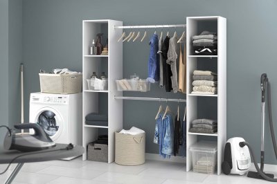 Dressing blanc avec &eacute;tag&egrave;res et penderies 180x40x180 ELYSEE