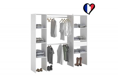 Dressing blanc avec &eacute;tag&egrave;res, penderies et tiroir 198x40x180 ELYSEE