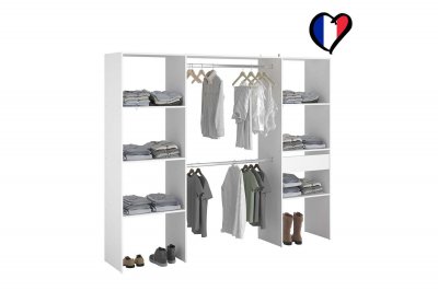 Dressing blanc avec &eacute;tag&egrave;res, penderies et tiroir 220x40x180 ELYSEE