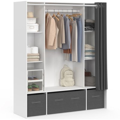 Dressing double penderie 140 x 45 x 167 cm blanc avec &eacute;tag&egrave;res + boites de rangement + rideau gris