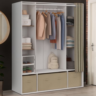 Dressing double penderie 140 x 45 x 167 cm blanc avec &eacute;tag&egrave;res + boites de rangement + rideau taupe