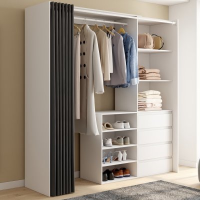 Dressing extensible 120/170 x 50 x 180 cm blanc avec 4 tiroirs + &eacute;tag&egrave;res + penderie + rideau gris