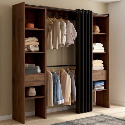 Dressing extensible double 120/180 x 50 x 180 cm noyer avec &eacute;tag&egrave;res + double penderie + rideau noir