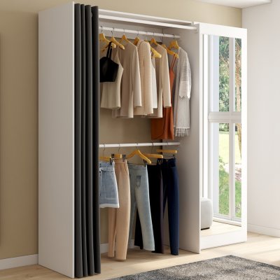 Dressing extensible MARTY en bois panneau de particule 120/170 x 50 x 180 cm blanc avec rideau gris