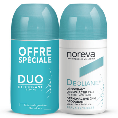 NOREVA DUO D&eacute;odorant roll-on dermo-actif 24H 2x50ml Deoliane 