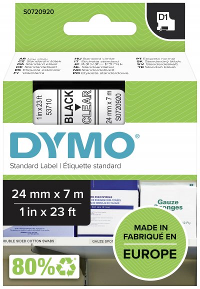 DYMO  D1 - Standard &Eacute;tiquettes - Noir sur transparent - 24mm x 7m