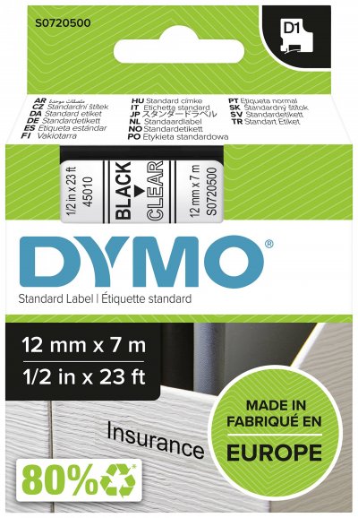 DYMO  Ruban D1 - 12mm noir sur transp