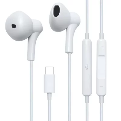 JAYM Ecouteurs Filaires USB-C avec Micro et T&eacute;l&eacute;commande 3 Boutons Blanc