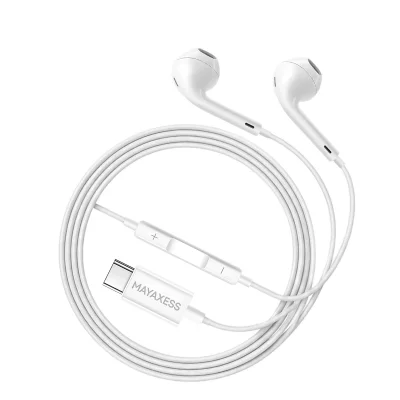 MAYAXESS Ecouteurs Filaires USB-C pour Pixel 8a avec Micro int&eacute;gr&eacute; Blanc