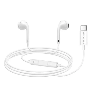 MAYAXESS Ecouteurs Filaires USB-C pour Samsung Galaxy A53 avec Micro int&eacute;gr&eacute; Blanc