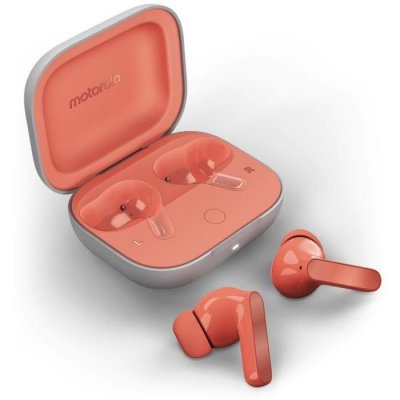 MOTOROLA &Eacute;couteurs sans fil  Moto Buds rose p&ecirc;che avec &eacute;tui de chargement rose