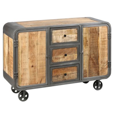 EDWIN - Buffet 2 Portes 3 Tiroirs Acier et Bois Massif - Altobuy