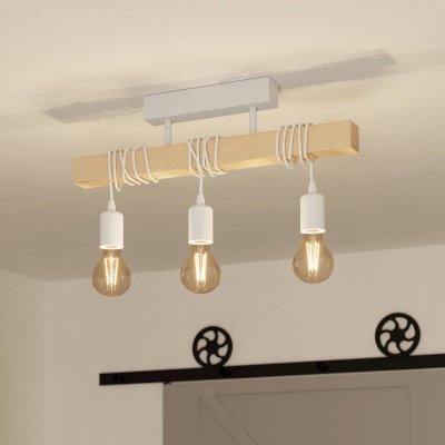 EGLO  TOWNSHEND-Plafonnier 3 Lumi&egrave;res Barre Bois L55cm Blanc 