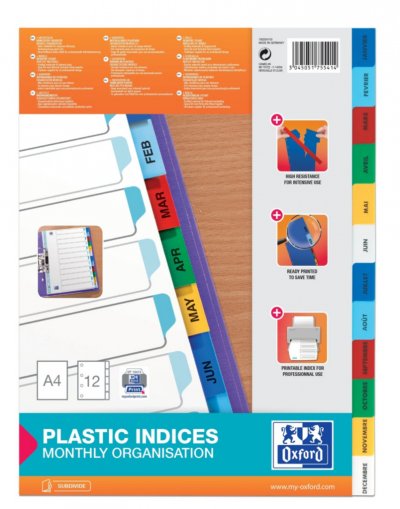 OXFORD Elba elba intercalaires mensuels en pp, 12 touches, assorti noir