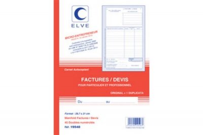 ELVE  CARNET FACTURES/DEVIS AUTO ENTREPRENEURS 297X210 40/2 - Pack de 1