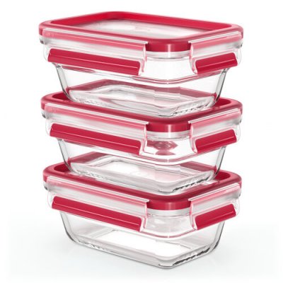 EMSA  Lot de 3 Bo&icirc;tes Clip&Close - 3x0,45 L - Rectanglaire - Rouge