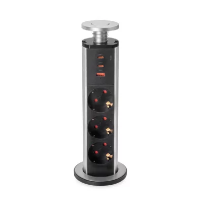 EMUCA  5021825 Colonne multiprise r&eacute;tractable - 3 Schuko - USB-A + 2 USB-C - Gris m&eacute;tal