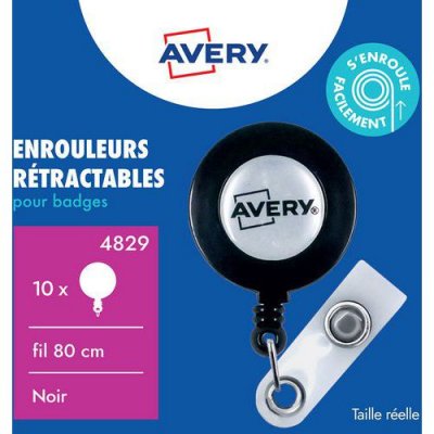 DURABLE Enrouleur avec lani&egrave;re bouton pression - bo&icirc;te de 10 - Noir - Avery