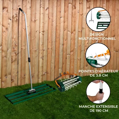 MONSTERSHOP Ensemble 2-en-1 Scarificateur et Niveleur de Pelouse de 100 cm - Vert