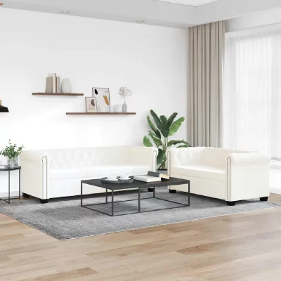 VIDAXL Ensemble canap&eacute;s style chesterfield 3 et 2 places cuir blanc 272250