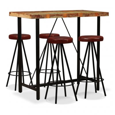 Ensemble de bar 5 pcs Bois massif recycl&eacute; et cuir v&eacute;ritable - Vidaxl