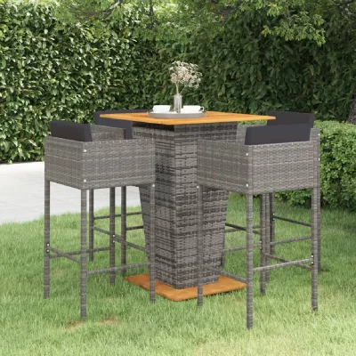 Ensemble de bar de jardin 5 pcs et coussins R&eacute;sine tress&eacute;e Gris