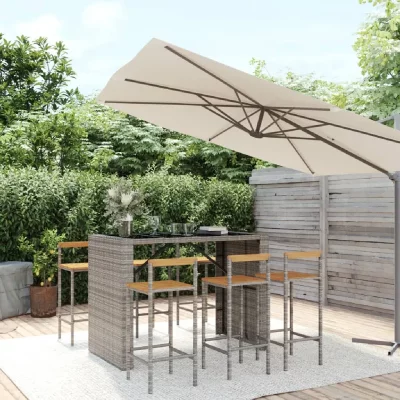 Ensemble De Bar Jardin 7 Pcs Gris Poly Rotin/bois Massif Acacia Vidaxl