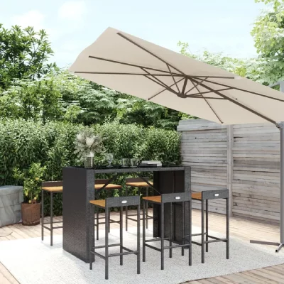 Ensemble de bar jardin 7 pcs noir poly rotin/bois massif acacia
