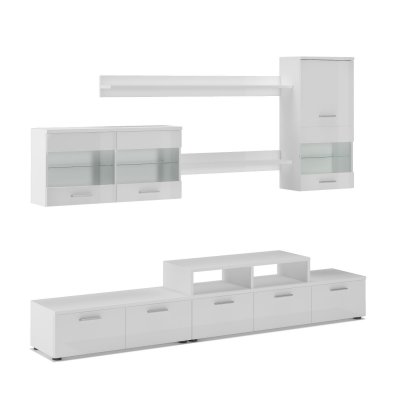 SKRAUT HOME Ensemble de meubles de salon,tv, ilumin.led, blanc mate/blanc laqu&eacute;,250x194x42cm