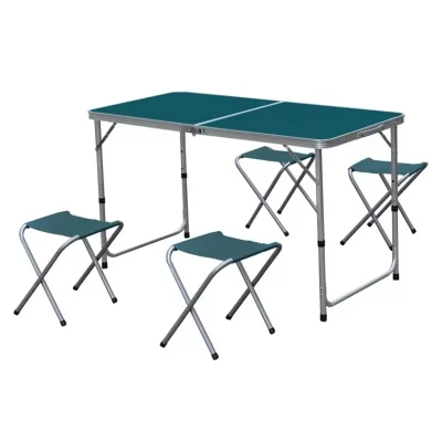 PEGANE Ensemble de table de jardin pliante avec 4 tabourets en aluminium et polyester coloris bleu