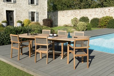 MACABANE Ensemble En Teck Table 200/300 Cm + 6 Fauteuils - Gardena