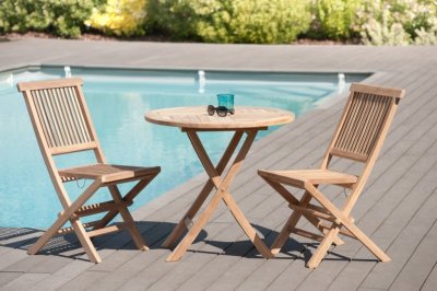MACABANE Ensemble En Teck: Une Table Ronde Et 2 Chaises