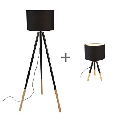QAZQA Ensemble lampe de table et lampadaire noir avec abat-jour - pip