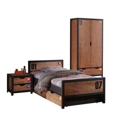 VIPACK Ensemble lit 90x200 cm avec chevet et tiroir marron et noir - bory