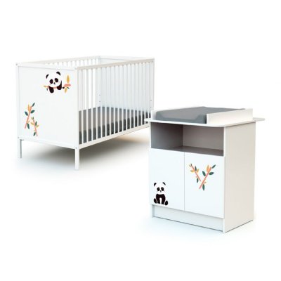 WEBABY Ensemble lit b&eacute;b&eacute; 60x120 cm + commode &agrave; langer 2 portes PANDA Blanc
