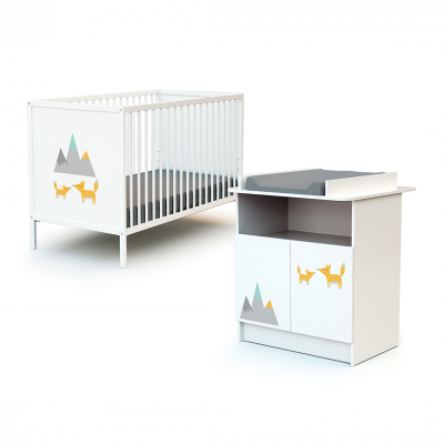 WEBABY Ensemble lit b&eacute;b&eacute; 60x120 cm + commode &agrave; langer 2 portes RENARD Blanc