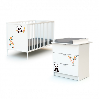 WEBABY Ensemble lit b&eacute;b&eacute; 60x120 cm et commode &agrave; langer 3 tiroirs PANDA Blanc