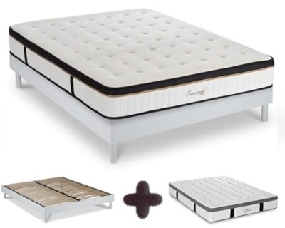 MAISON AUBERTIN Ensemble Matelas Emeraude Mousse Accueil m&eacute;moire moelleux 24 cm et Sommier Bois Blanc - 180x200cm