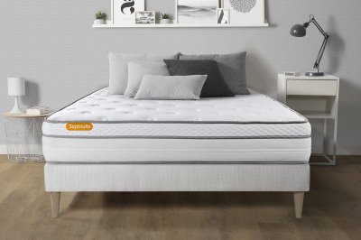 SEPTNUITS Ensemble matelas sommier Memo luxe 140 x 200 cm - Couleur : Blanc - Blanc