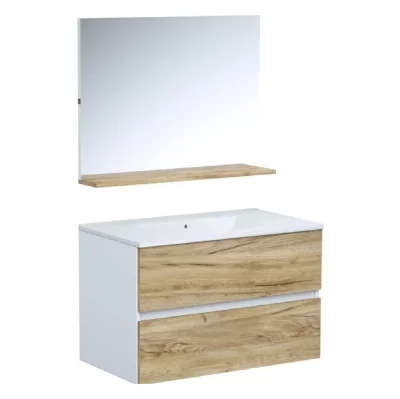 Ensemble meuble salle de bain MONZA AUCUNE 80 cm 2 tiroirs c&eacute;ramique miroir beige