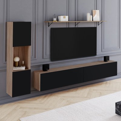 IDMARKET Ensemble meuble TV 180 cm avec colonne et &eacute;tag&egrave;re ELIO bois et noir