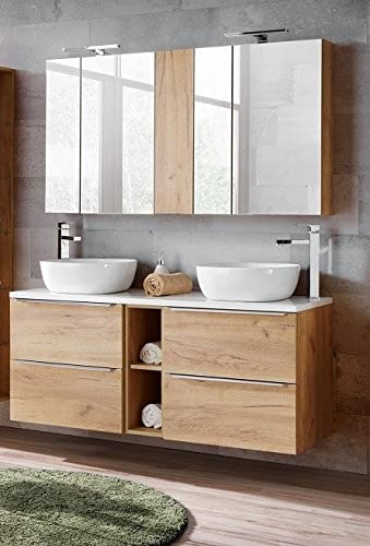 Ensemble meuble vasques &agrave; poser + armoire miroir - 140 cm - elise oak