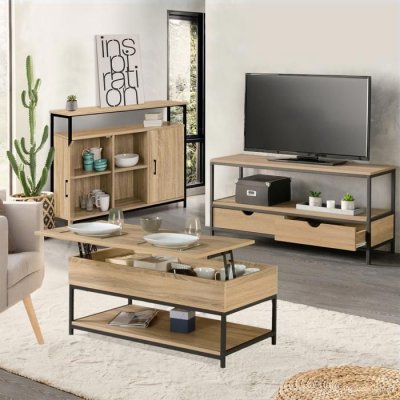 IDMARKET Ensemble meubles de salon buffet, table basse relevable et meuble TV DETROIT design industriel