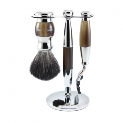 EDWIN JAGGER Ensemble Rasage 3 Pi&egrave;ces - Blaireau + Rasoir + Support 2 en 1 - Imitation &Eacute;b&egrave;ne et Chrome